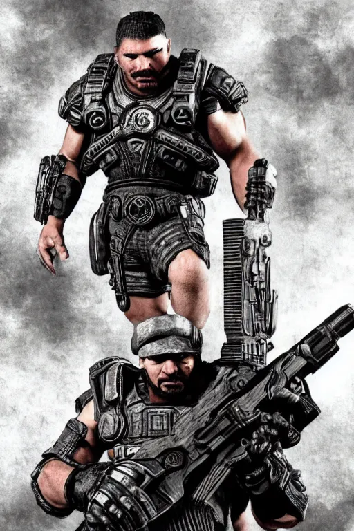 Prompt: Marcus Michael Fenix from Gears of War posing for a Worlds War II era recruitments poster.