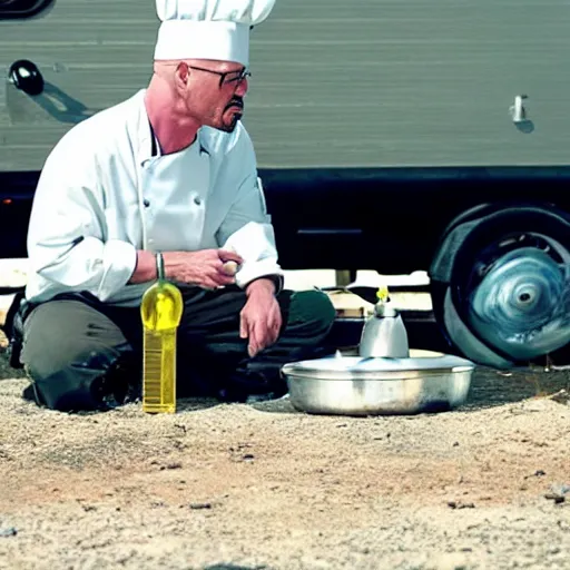 Image similar to film still of kim kardashian as walter white cooking meth inside an rv, in the tv show breaking bad, full-shot, 4k