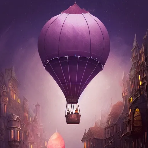 Prompt: a beautiful stunning fantasy whimsical matte digital illustration of a hot - air balloon powered by magic over a lit city at night by marc simonetti, pastel color palette, disney magic the gathering steampunk, chiaroscuro magical bokeh moon stars dramatic romantic, trending on artstation hq, masterpiece