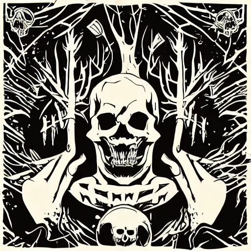 Prompt: dark death metal themed vector illustration for a record label, trees. forest, spikes, skull, microphone, skull, award winning, grunge, iconic, golden ratio