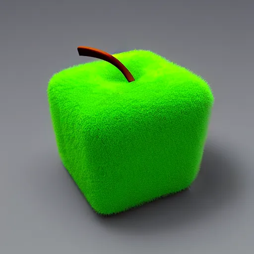 Prompt: a cube shape green fluffy apple on a long, hyperrealism, dynamic lighting, render 8 k, realistic photo