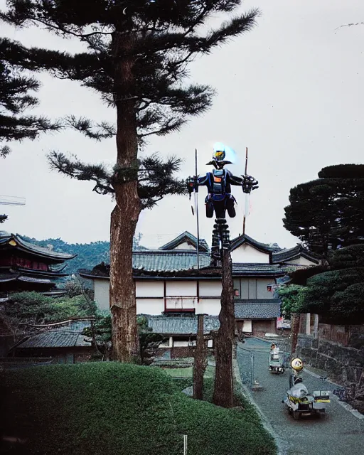 Image similar to a lomographic photo of old gigantic gundam mecha, standing tall above a typical japanese yard in small town, hikone on background, cinestill, bokeh