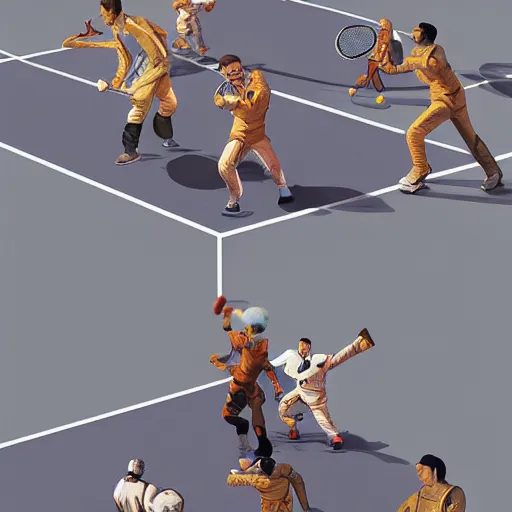 Image similar to astronauts playing tennis, hyper detailed, digital art, trending in artstation, cinematic lighting, studio quality, smooth render, unreal engine 5 rendered, octane rendered, art style by klimt and nixeu and ian sprigger and wlop and krenz cushart