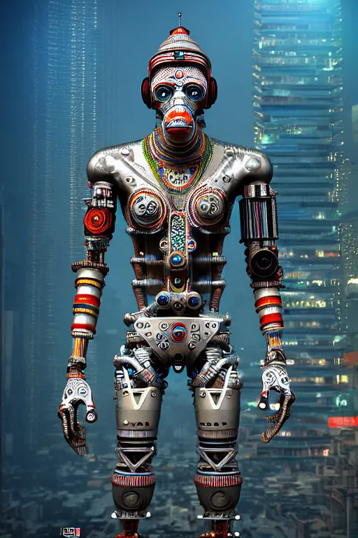 Prompt: high quality 3 d render cyborg! man monkey hybrid madhubani, highly detailed, cyberpunk!! mumbai in the background, unreal engine cinematic smooth, szukalski ravi varma, moody light, low angle, uhd 8 k, sharp focus