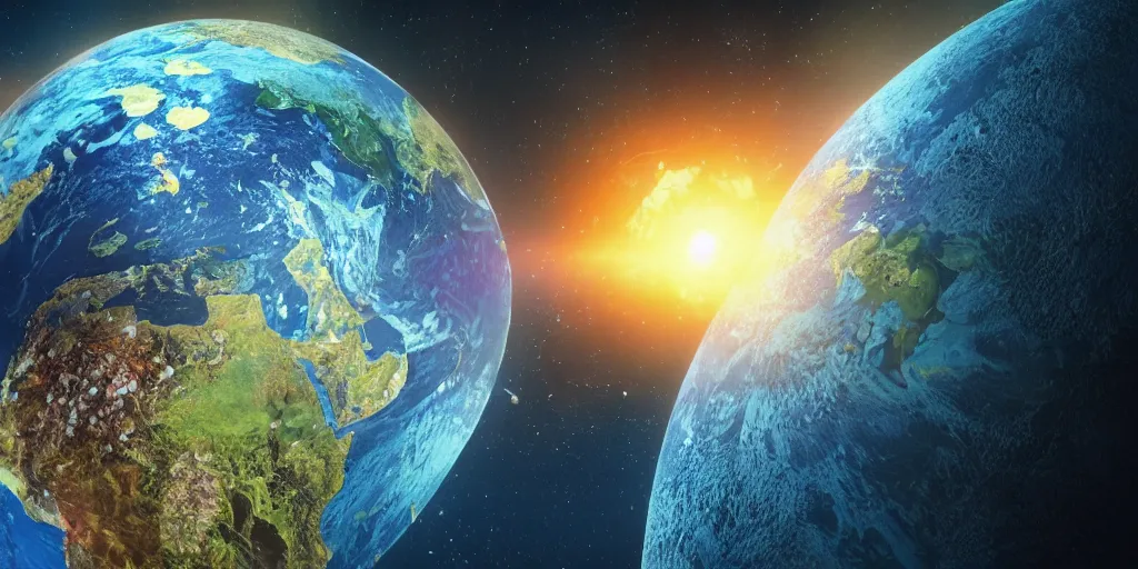 Prompt: shot from a distance of 2 5 0 million miles. a highly accurate depiction of earth slowly broken open, exploding, and pieces are floating apart. the earth is being held by the claws of unbelievably huge space florida crab descendants. dramatic lighting, highly coherent, highly detailed, epic, digital art, valerian, silent running, fifth element, octane 3 d render.