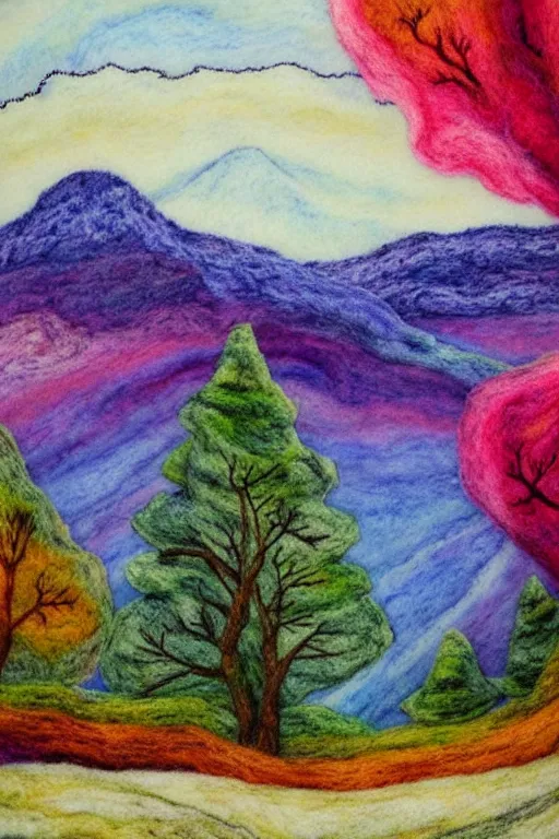 Prompt: fantastic mountain landscape, pastel colors, huge trees, dry felting, watercolors