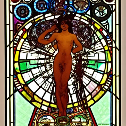 Prompt: burning man, goddess of travel, ebony skin, car, traffic, queue, ticket, pass, passport, intricate, stained glass by alphonse mucha
