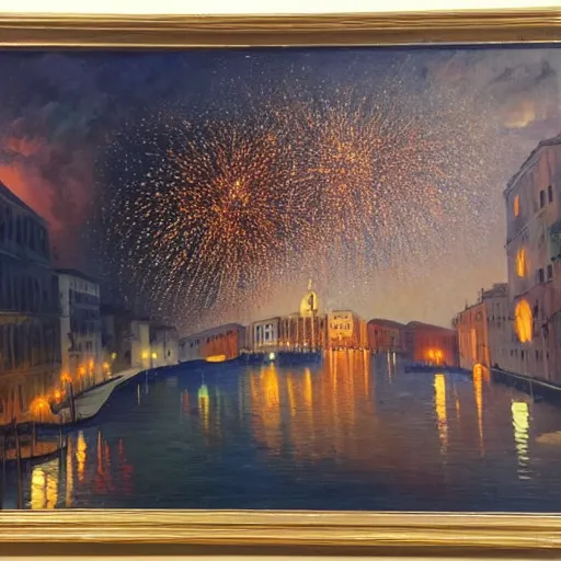 Image similar to an oil painting of couple kissing, in a background fireworks in venice