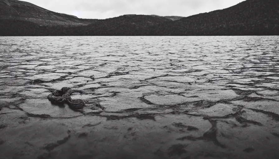 Image similar to photo of a rope on the surface of water, in the middle of a lake, overcast day, rocky foreground, 2 4 mm leica anamorphic lens, moody scene, stunning composition, hyper detailed, color kodak film stock