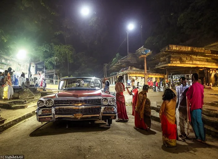 Image similar to a couple are in a chevrolet impala at kamakhya temple, guwahati city ; headlights of a car shine on a strange canyon road, she looks at him with a strange look in her eyes, it's the dead of night, in a distance the lights of a city light the night's sky