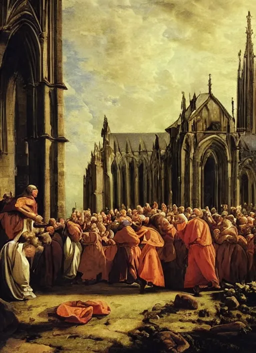 Prompt: elisabeth louise vigee - le brun painting of large crowd of medieval monks gathered at giant gothic ruins cathedral and raising a magical glowing spirit, old master painting with stunning lighting and details photoreal dusk sun lit light,