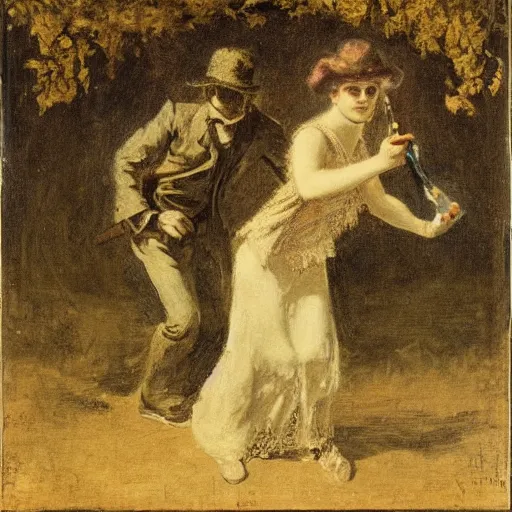 Image similar to young victorian man and woman traversing a dark maze, the man holding a torch, the woman hiding behind him, by alfred stevens