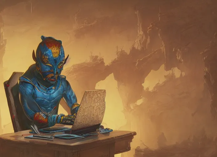 Image similar to an insanely detailed painting of an asian man wearing a homemade superhero costume, sitting at a desk, staring seriously at the computer and typing, in the style of peter mohrbacher, james jean, artgerm, dramatic lighting and composition, surreal background, octane render, pixar, trending on artstation, concept art, comic book, view from behind, 8 k