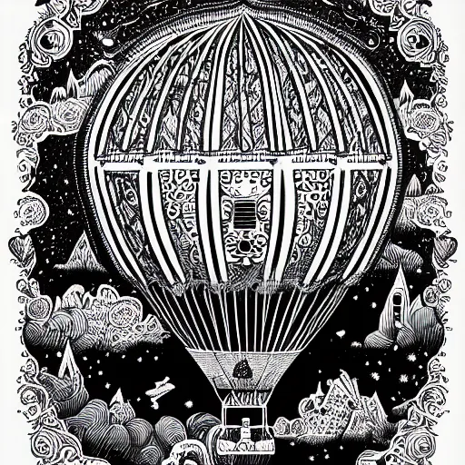 Image similar to portrait of an entire victorian air balloon over a fantasy landscape, line art illustration by joe fenton , black and white, intricate details