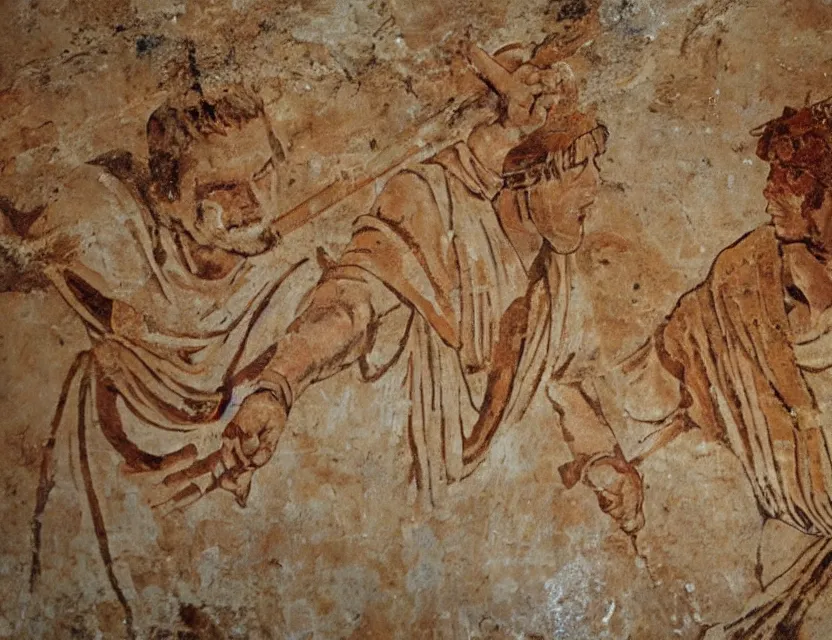 Image similar to ancient roman fresco depicting obi - wan kenobi and anakin's duel on mustafar