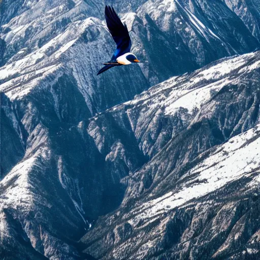 Image similar to blue bird flying over large mountains, photography, national geographic, hyper realistic, top down