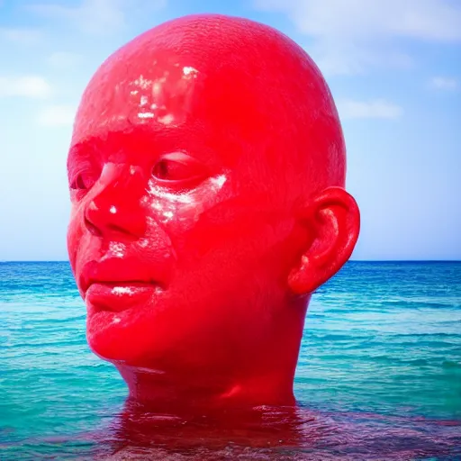 Image similar to a giant human head sculpture in the sea made out of juicy and transparent red jelly, long shot, hyper detailed, hyper realistic, ray tracing, 8 k resolution, sharp focus, realistic water, award winning