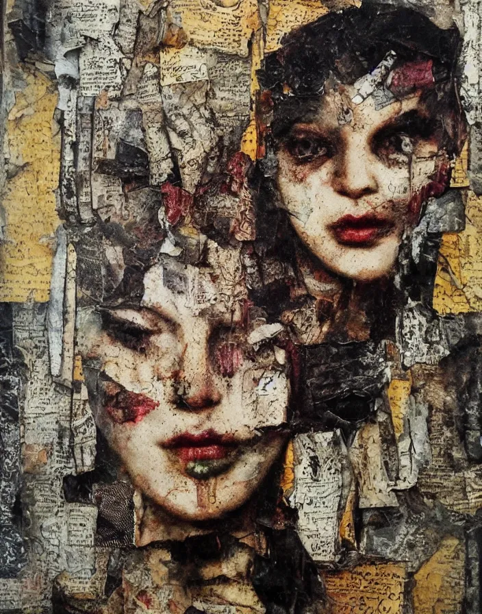 Prompt: mysterious contemptuous face detailed analogue mixed media collage with canvas texture in style of contemporary art, punk art, hyperrealistic beautiful face, photorealistic, expressionism, masterpiece, perfect composition, spectacular quality, intricate oil details, torn paper edges, glass