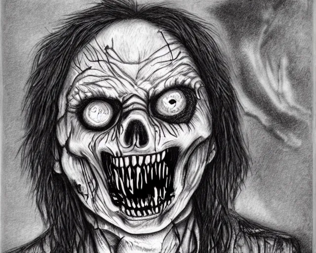 Prompt: Justin Bartlett pen drawing of a horrifying zombie, heavy metal