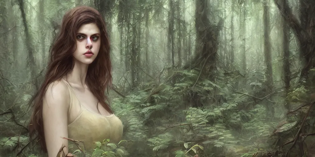 Prompt: landscape portrait of Alexandra Daddario in the middle of a forest, by Krenz Cushart, overgrown city by artgerm, fantasy, high detail, elegant, digital painting, cinematic lighting, vibrant, intricate, textured skin, highly detailed, artstation, sharp, focus, HDR, unreal engine 5, breathtaking, illustration, Anna Dittmann, Ilya Kuvshinov