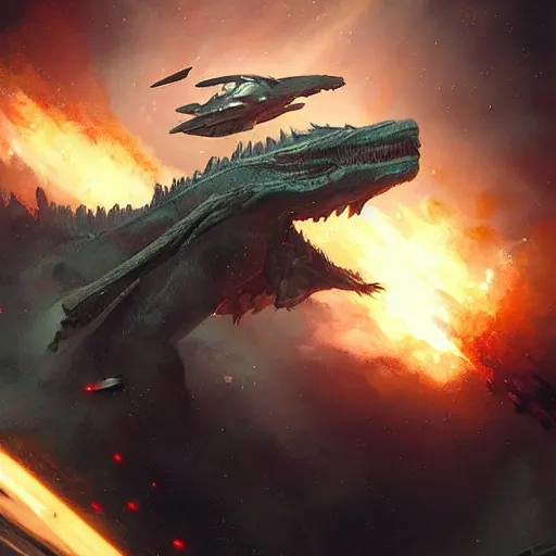 Image similar to a dragon is wrecking a spaceship, artstation, Digital art, Greg rutkowski