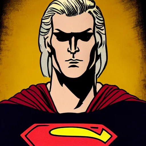 Image similar to portrait of a evil blonde superman two sides hair and thin face lines, his cape is the american flag, he is angry