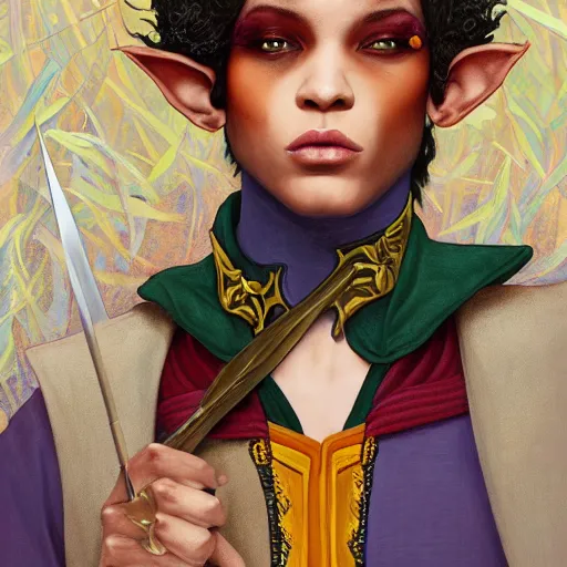 Image similar to dnd character portrait of a beautiful and androgynous half - elf with messy short red hair and dark skin tone and catlike features and yellow eyes with slit pupils, golden hour, wearing a colorful men's suit, realistic painting by kehinde wiley and ross tran and gerald brom and tasha beckwith and alphonse mucha, trending on artstation