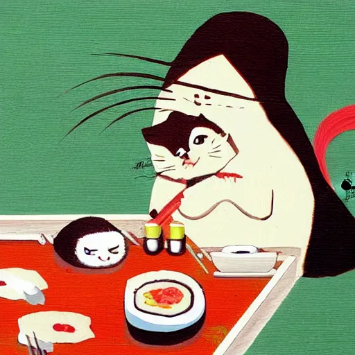 Image similar to Angry girl eats sushi while her jealous cat is watching, painting by Yoshitomo Nara