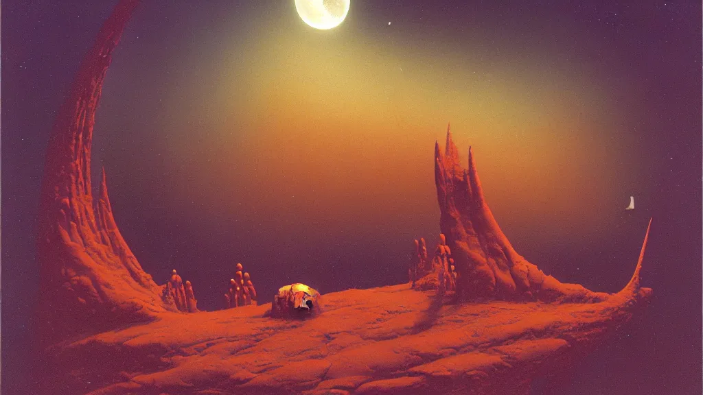 Image similar to mysterious whimsical sculpture of an alien crescent moon by paul lehr and john schoenherr and john harris, cinematic matte painting