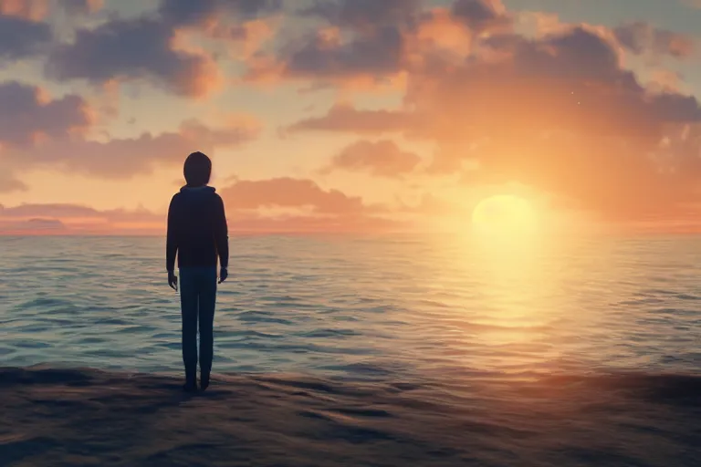 Image similar to a photo of max caulfield watching sunset on the sea, hyperrealistic, cinematic, 8 k, highly detailed, ue 5