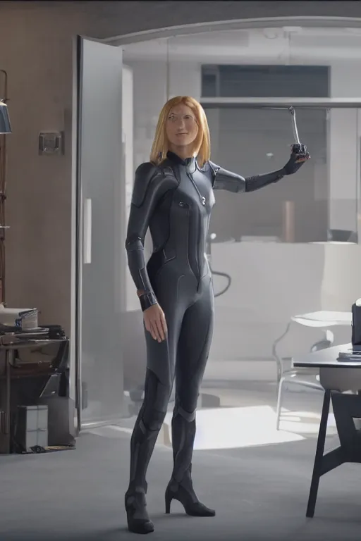 Image similar to pepper potts, ceo of stark industries, sinks into her chair, desolate, her once - spotless office now covered in dust. she sobs. screenshot from the mcu, ambient lighting, 8 k, as played by gwyneth paltrow