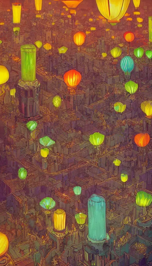 Image similar to The floral lands full of luminous lanterns, italian futurism, Dan Mumford, da vinci, Josan Gonzalez