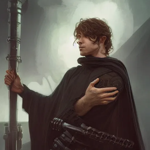 Image similar to pale male rogue in black robes on a shipdeck, fantasy, D&D, portrait, piercing stare, highly detailed, digital painting, HD, artstation, concept art, matte, sharp focus, illustration, art by artgerm and greg rutkowski and alphonse mucha