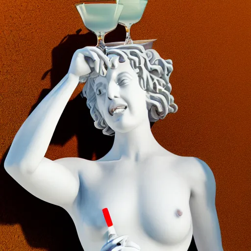 Prompt: a white reneissance statue holding a coctail, medium shot, colorful coctail, digital painting, cgi render