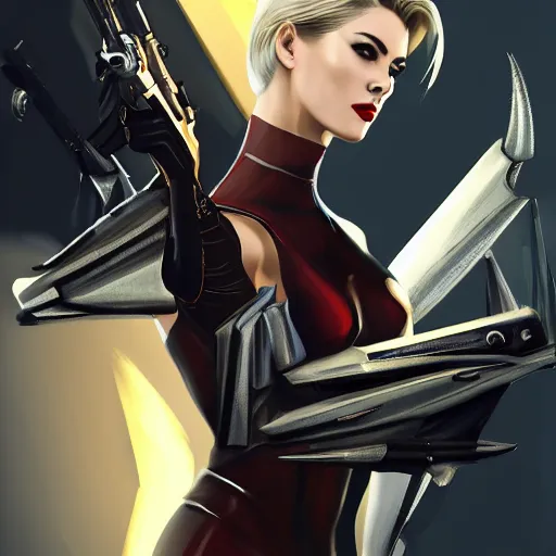 Image similar to A combination of Ada Wong's and Grace Kelly's and Ashley Greene's appearances with blonde hair wearing Warframe armor, high tech, action shot, angular, full body portrait, futuristic, dramatic, fantasy, intricate, elegant, highly detailed, digital painting, artstation, concept art, matte, sharp focus, illustration, 8K, art by Donato Giancola and James Gurney