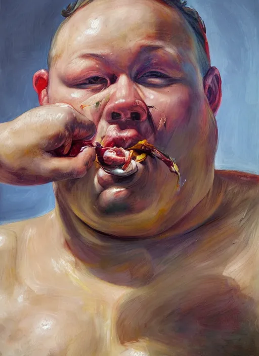 Image similar to high quality high detail painting by jenny saville, hd, a fat man eating spaghetti, photorealistic lighting