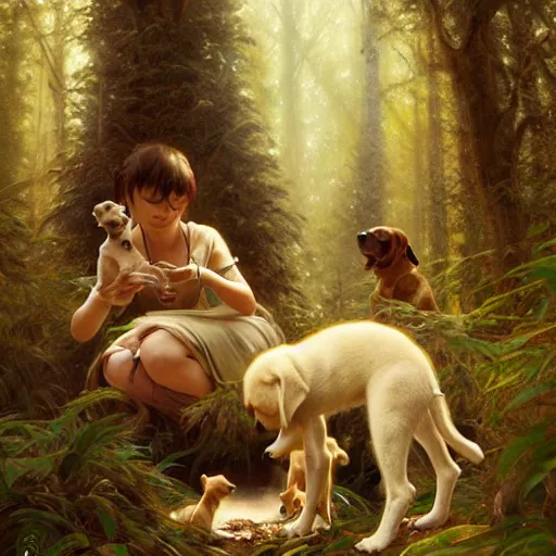 Prompt: photo of a humanoid hiena feeds puppies in the forest, highly detailed, digital painting, artstation, smooth, sharp focus, illustration, art by artgerm and greg rutkowski and alphonse mucha