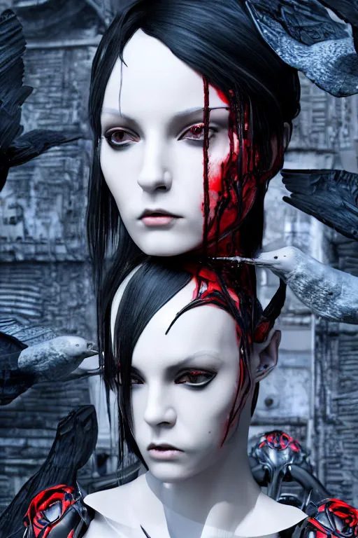 Image similar to full-body cyberpunk style sculpture of a young beautiful dark priestess, half android with a head opening exposing circuitry, glowing red eyes, black roses, flowing blood red colored silk, fabric, candles. baroque elements, human skull. full-length view. baroque element. intricate artwork by caravaggio. crows flying in background. Trending on artstation, octane render, cinematic lighting from the right, hyper realism, octane render, 8k, depth of field, 3D