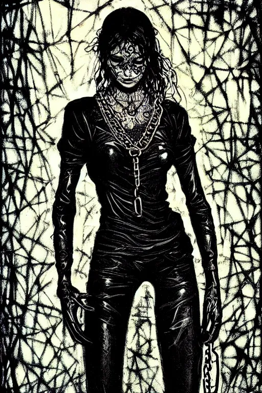 Prompt: dreamy gothic girl, black leather slim clothes, chain on her neck, beautiful body, detailed acrylic, grunge, intricate complexity, by dan mumford and by alberto giacometti, peter lindbergh