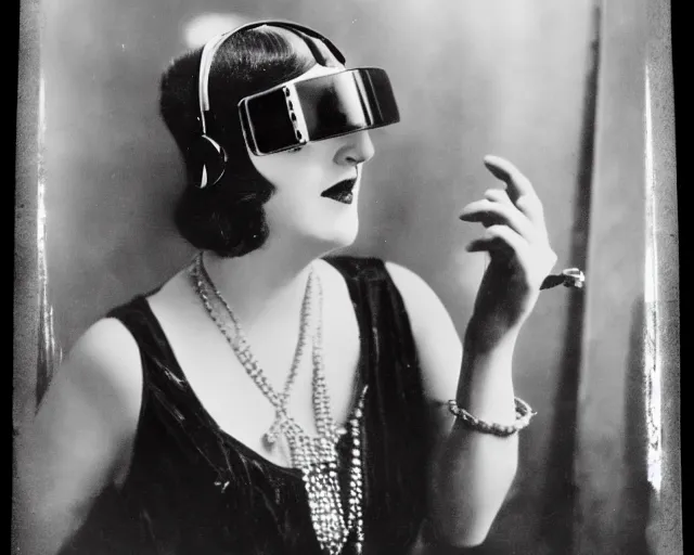 Image similar to 1 9 2 0 s photo of a flapper girl wearing a vr headset on a stage in a speakeasy