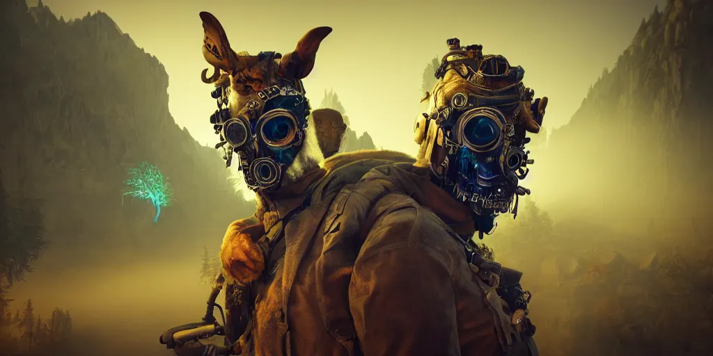 Prompt: woodsman wearing a steampunk and neonpunk mechanical fluorescent mystical animal mask in strange misty mountain landscape. fight with night monsters, night, realism in style of fornite game, 4 k, octane render, award winning photograph, epic cinematic shot, perfectly defined features, ambient occlusion