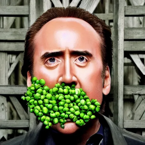 Image similar to nicolas cage trapped in a wicker cage with peas on his face, dying