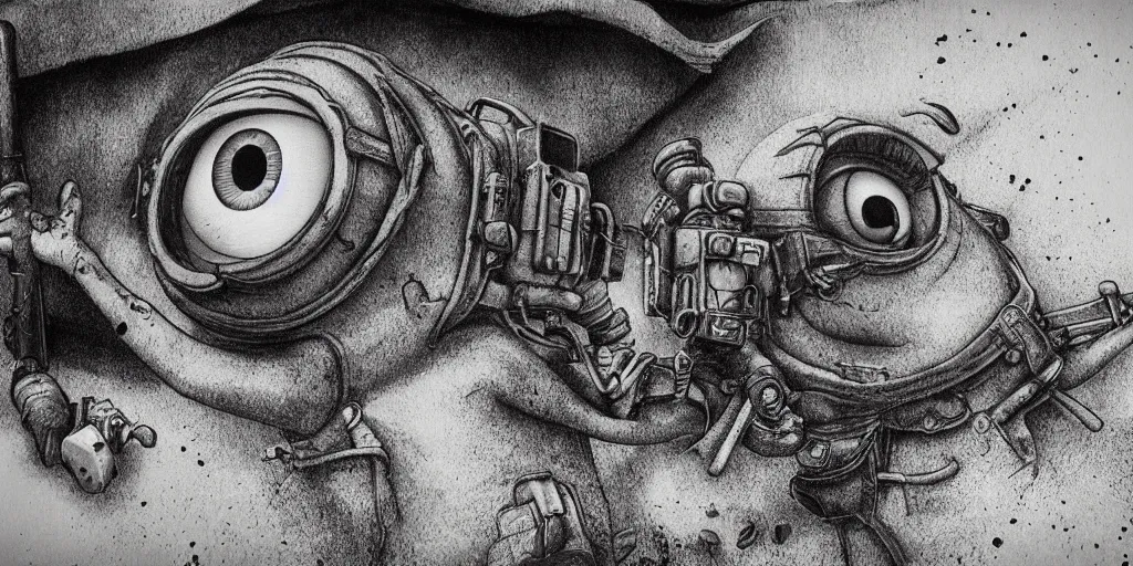 Image similar to Minion, George Miller, Photorealistic, Hyper detailed, desert, post apocalyptic, fire, dust, black and white