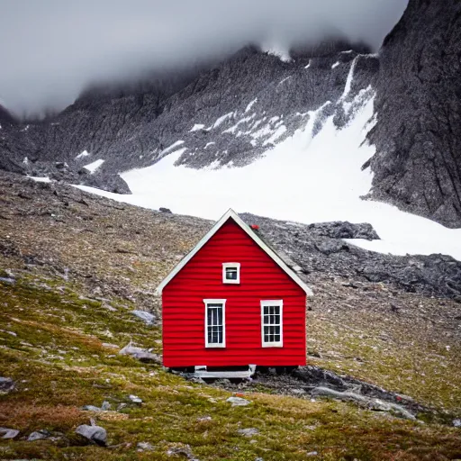 Prompt: a tiny red house perched on the summit of a glaciated mountain