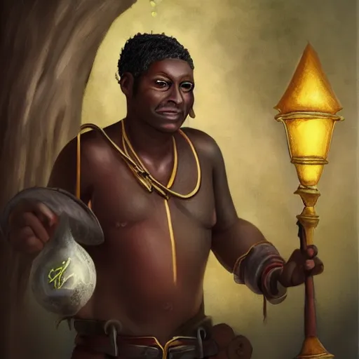 Prompt: fantasy portrait of a dark - skinned tavern keeper