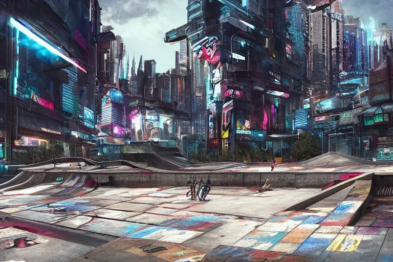 Image similar to cyberpunk skatepark set in a dystopian city, skateboards, digital art, highly detailed, 4 k