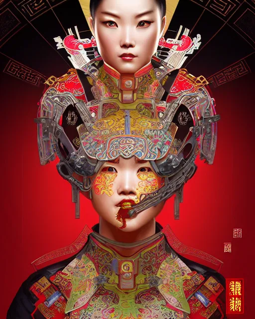 Image similar to portrait of a chinese cyberpunk machine, machine face, upper half portrait, decorated with chinese opera motifs, regal, asian, fine china, wuxia, traditional chinese art intricate intense elegant 京 剧 highly detailed digital painting artstation concept art smooth sharp focus illustration, art by artgerm and greg rutkowski alphonse mucha 8 k