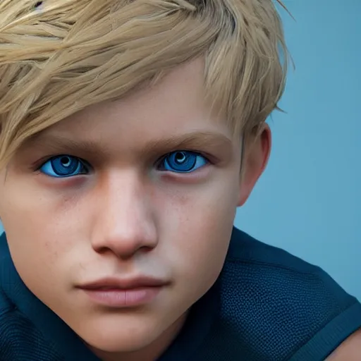 Prompt: a detailed portrait of boy with blonde hair and blue eyes, unreal engine 5 rendered, incredibly highly detailed and realistic, 8 k, sharp focus, studio quality