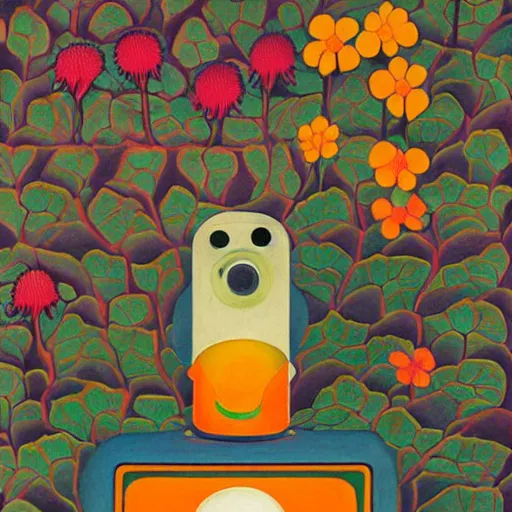 Image similar to a colorful painting by m. c. escher of a happy robot head with flowers growing out of the top