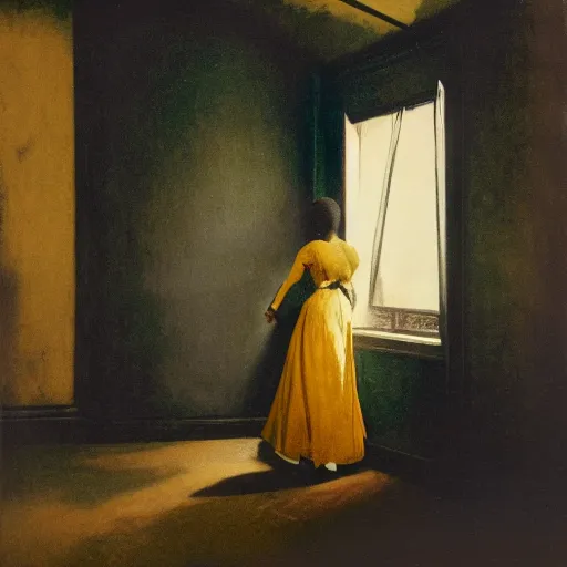 Image similar to a black girl in a gold haunted liminal room, vintage photo by goya, idea by balthus, colors by pontormo, lights by hopper, extreme detail, liminal aesthetic, background art nouveau,